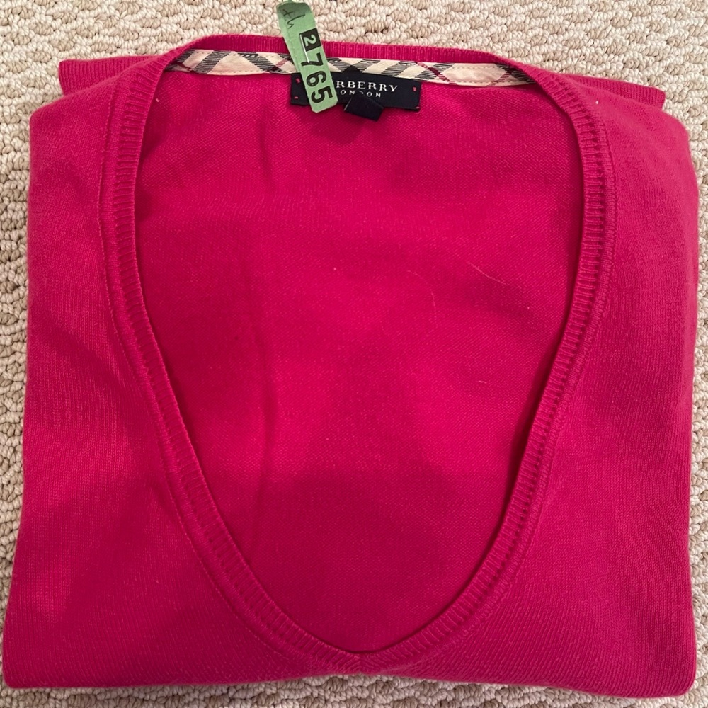 BURBERRY LONDON V Neck Sweater 100% Cotton Sz LG Beautiful Pink